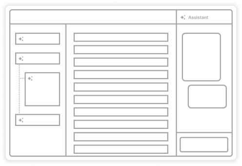 Wireframe of a list view with inline AI actions and the Assistant panel on the right