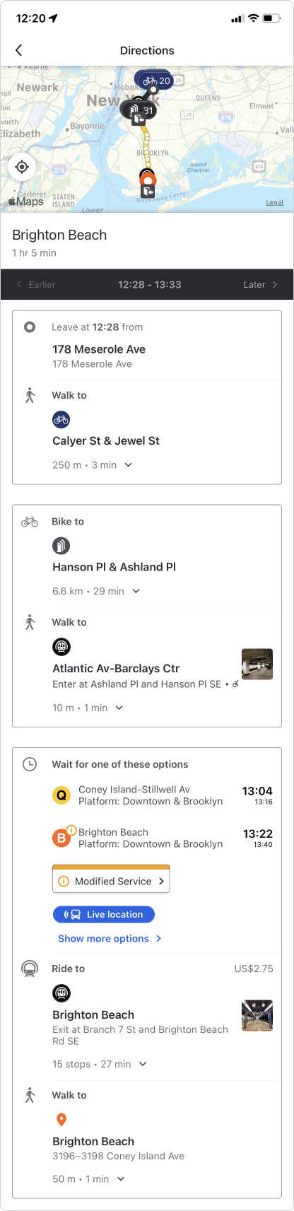 Moovit Itinerary — tall public-transit journey screen with walking, riding, and transfer legs