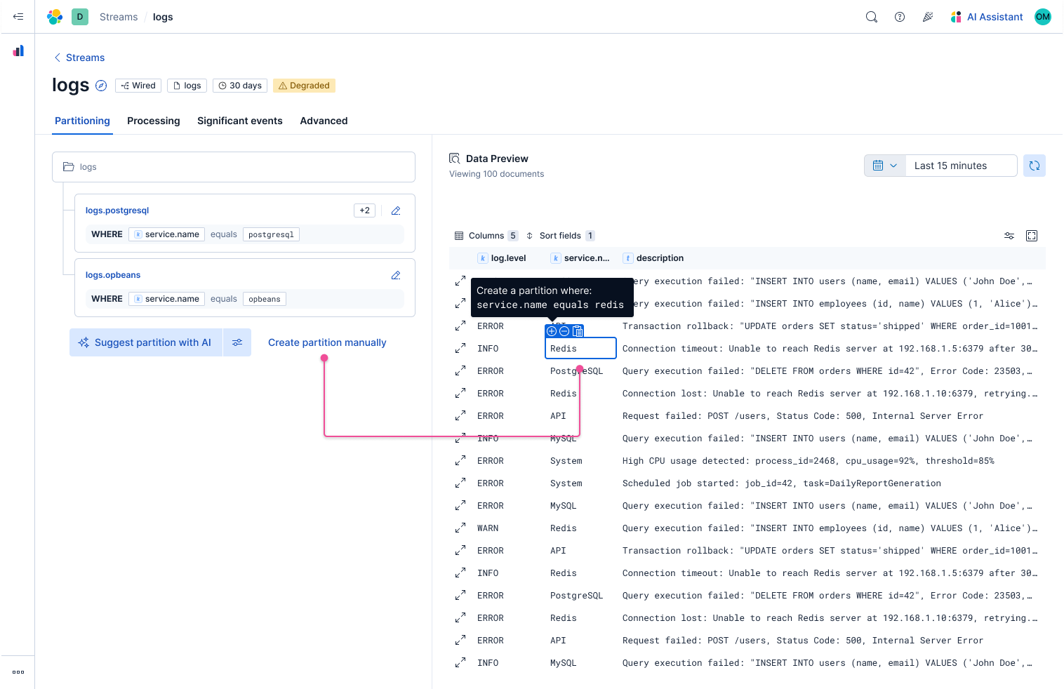 Data Preview with a value selected, prefilling a child-stream name and routing condition