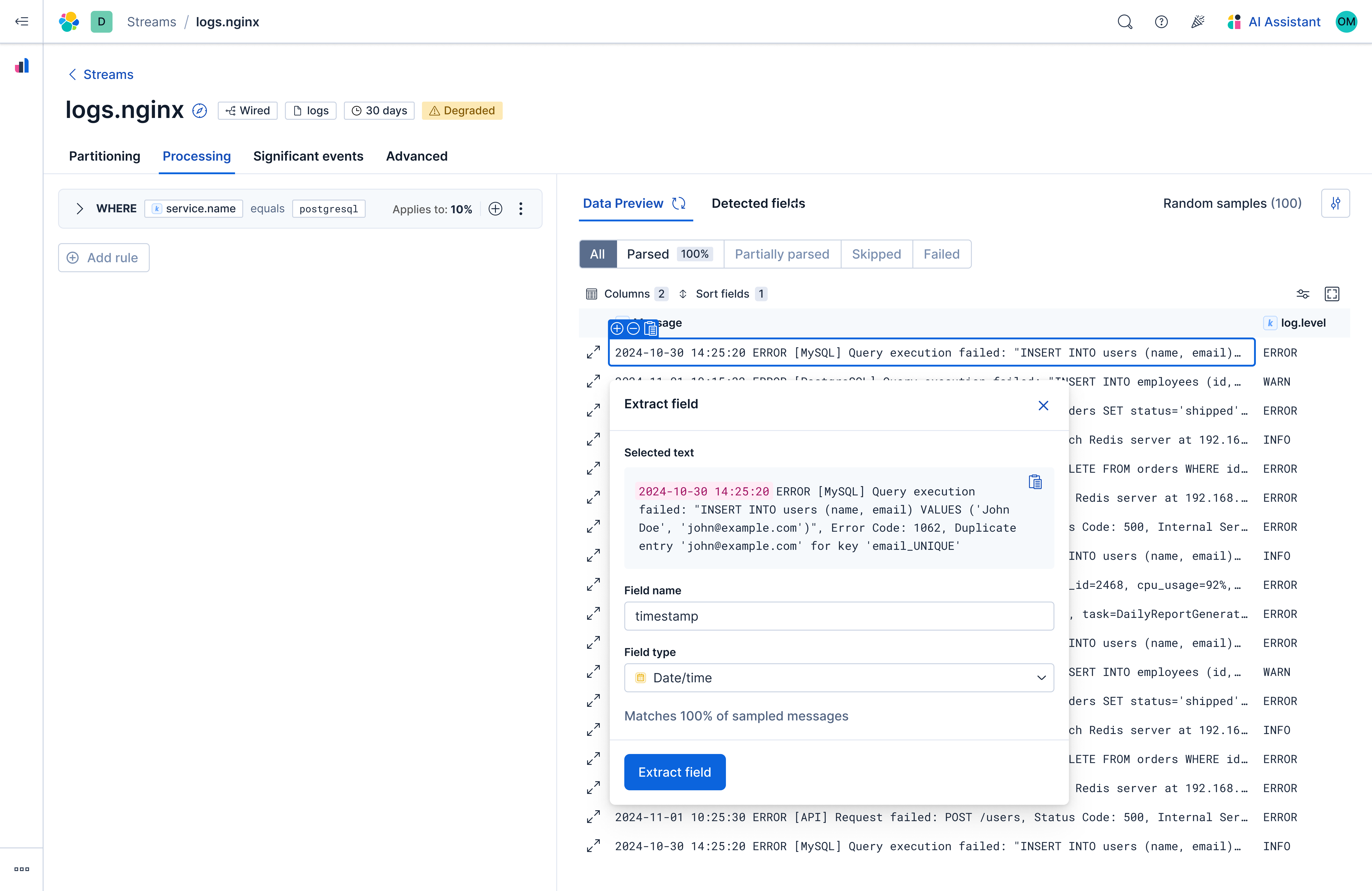 Manual flow — user selects meaningful text directly from a log sample and the interface translates the intent into a processing rule