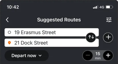 Suggested Routes top header — status bar, navigation, address inputs, and depart-time controls